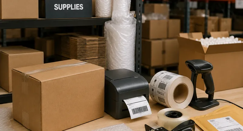 Packaging, labeling and shipping supply materials for product distribution