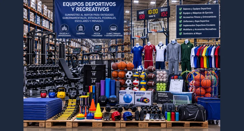 Sports and recreational equipment including exercise gear, team supplies and athletic apparel