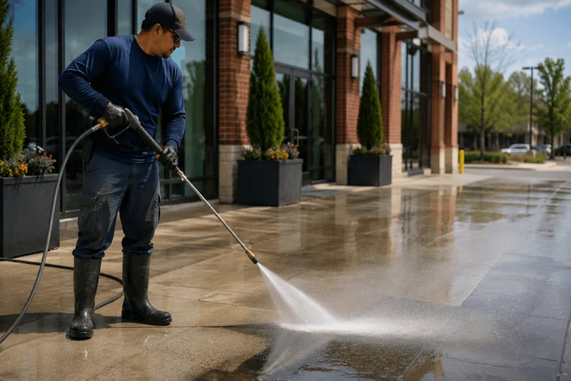 Worker pressure washing a commercial exterior surface